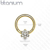 Implant Grade Titanium Gold PVD White CZ Gem Flower Hinged Clicker Hoop