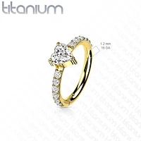 Implant Grade Titanium Gold PVD White CZ With Heart Shaped Center Hinged Clicker Hoop