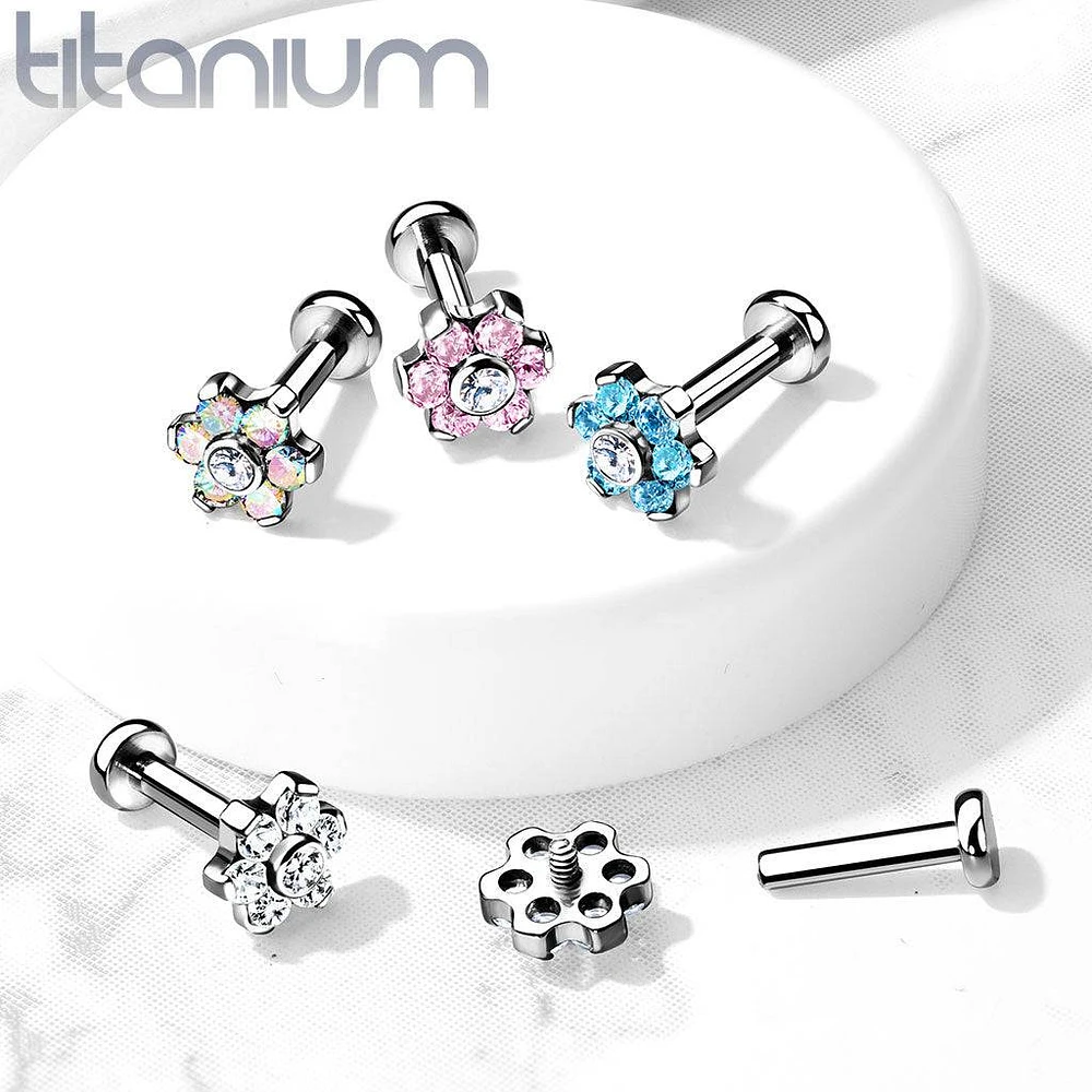 Implant Grade Titanium Internally Threaded Aqua CZ Flower Flat Back