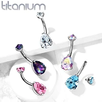 Implant Grade Titanium Internally Threaded Pear Tear Drop Aqua CZ Belly Ring