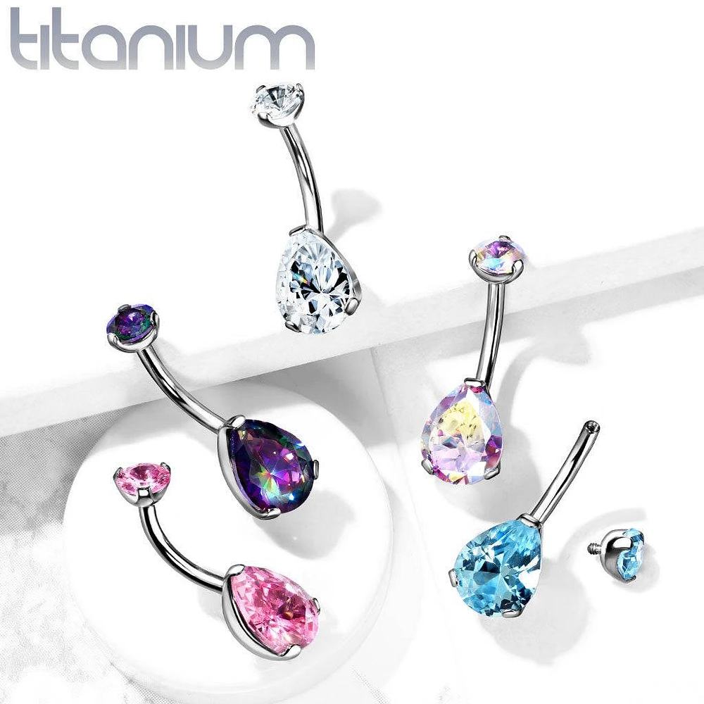 Implant Grade Titanium Internally Threaded Pear Tear Drop Aurora Borealis CZ Belly Ring