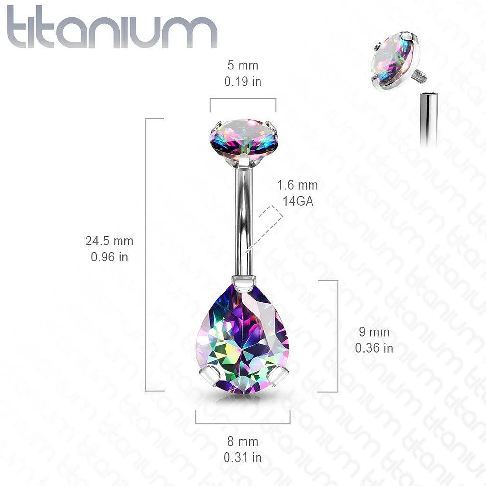 Implant Grade Titanium Internally Threaded Pear Tear Drop Aurora Borealis CZ Belly Ring