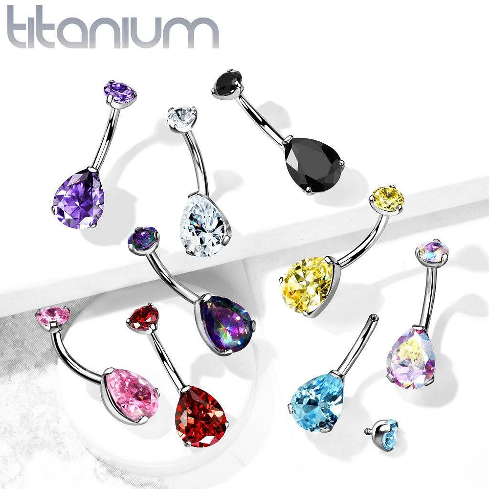 Implant Grade Titanium Internally Threaded Pear Teardrop CZ Belly Ring