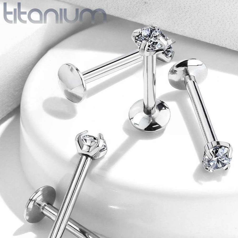 Implant Grade Titanium Internally Threaded Prong Circle White CZ Labret