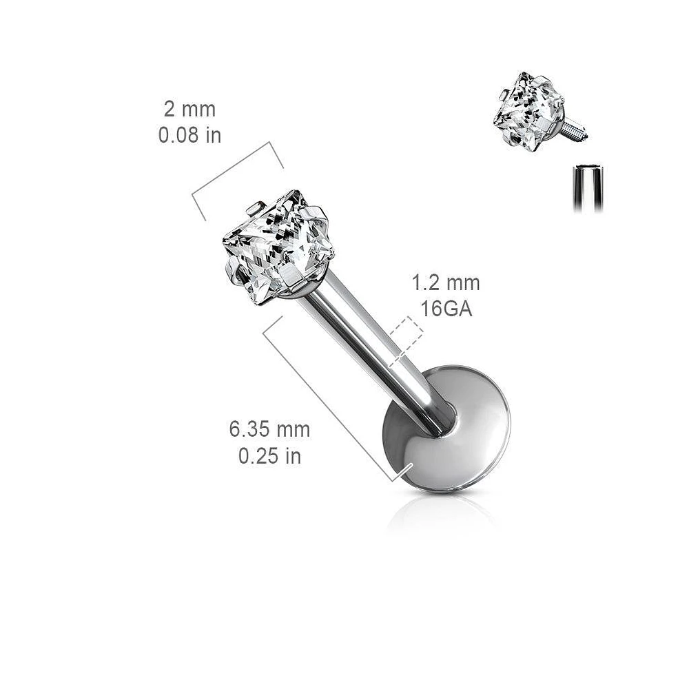 Implant Grade Titanium Internally Threaded Prong Square CZ Labret