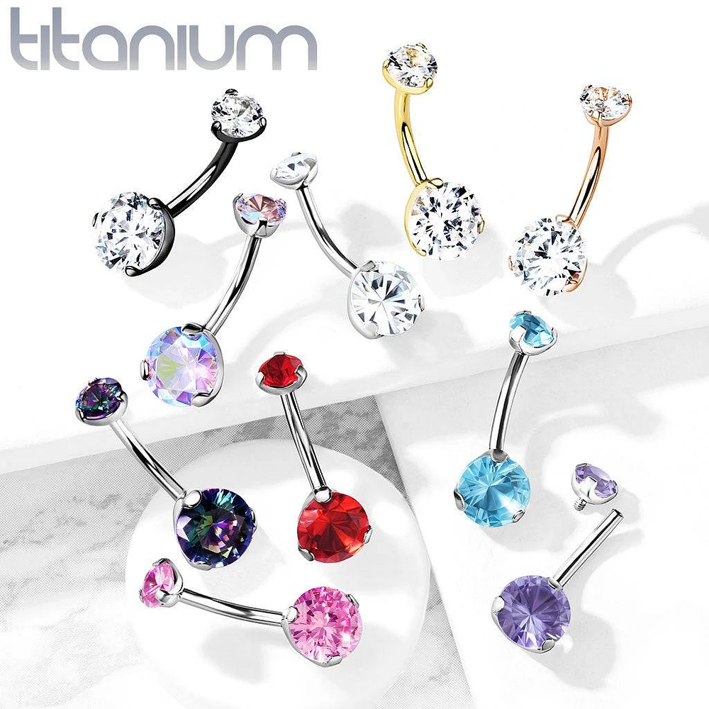 Implant Grade Titanium Internally Threaded Tanzanite CZ Prong Belly Button Navel Ring