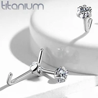 Implant Grade Titanium L Shape Heart CZ Prong Nose Stud