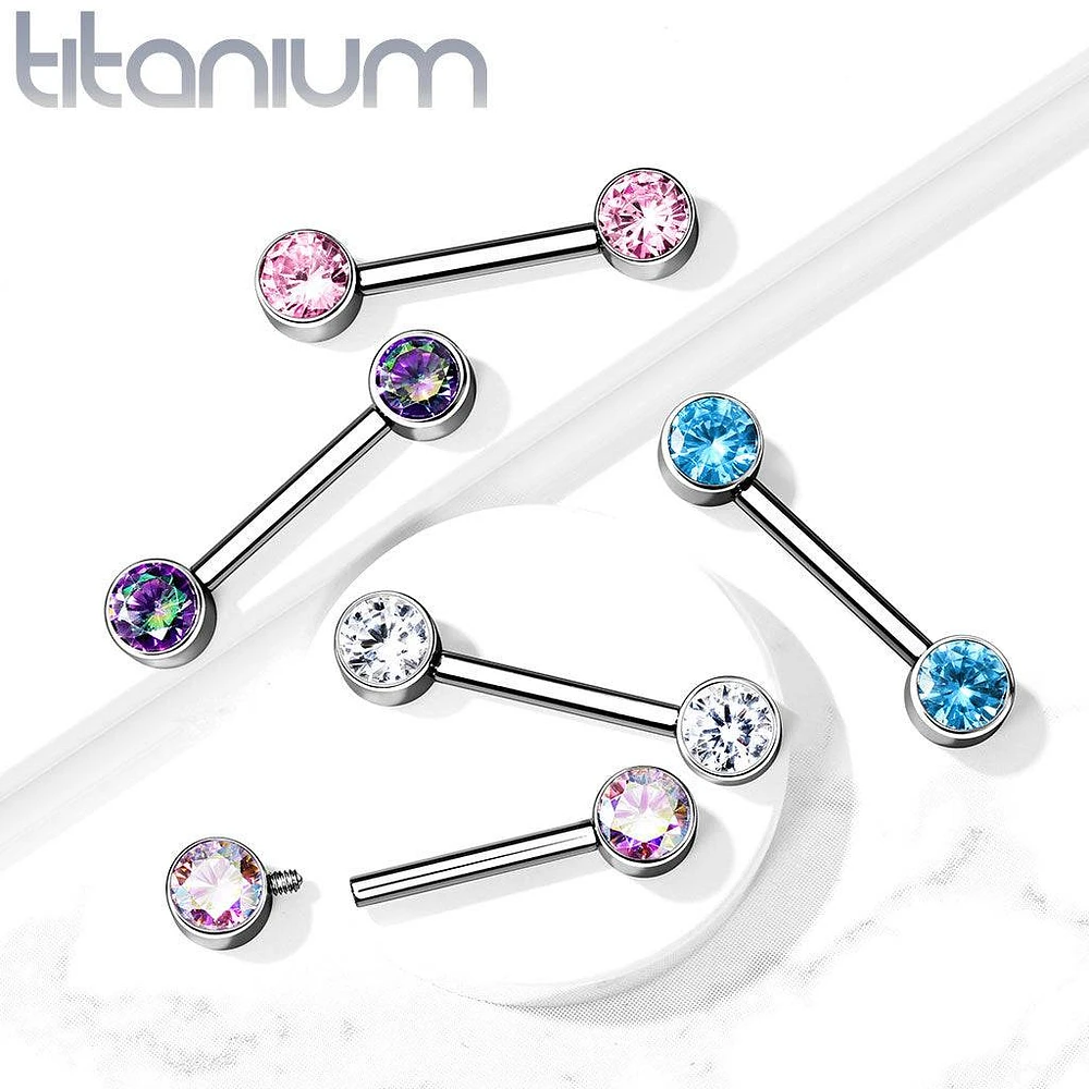 Implant Grade Titanium Nipple Barbell With Internally Threaded Aqua CZ Gems