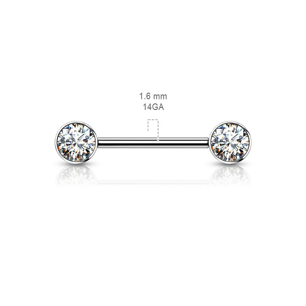 Implant Grade Titanium Nipple Barbell With Internally Threaded Aqua CZ Gems