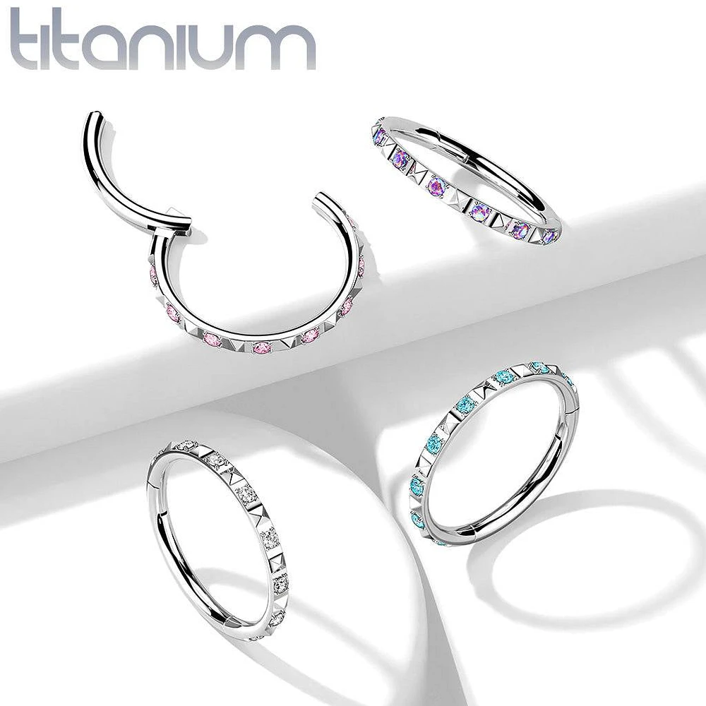 Implant Grade Titanium Ridged With Aqua CZ Gems Hinged Hoop Clicker Ring