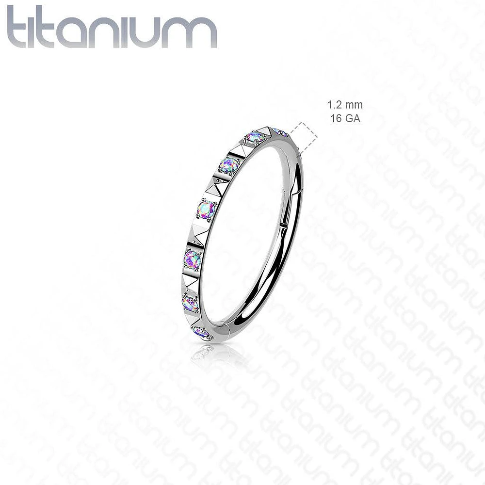 Implant Grade Titanium Ridged With Aqua CZ Gems Hinged Hoop Clicker Ring