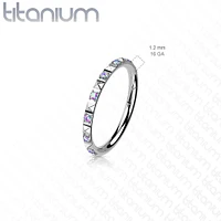 Implant Grade Titanium Ridged With Aqua CZ Gems Hinged Hoop Clicker Ring