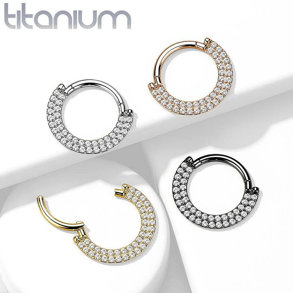Implant Grade Titanium Rose Gold PVD Double Row White CZ Pave Daith Ring Clicker Hoop