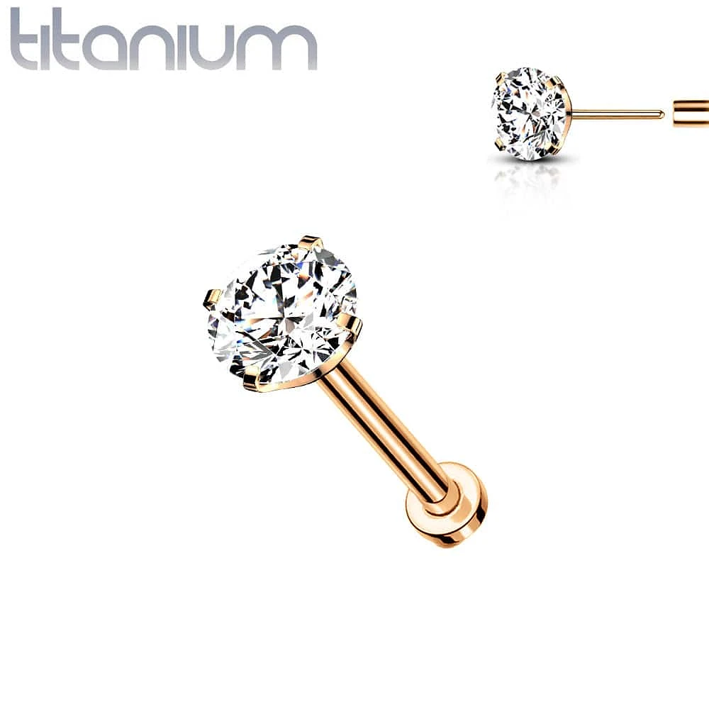 Implant Grade Titanium Rose Gold PVD Threadless Push In Flat Back White Prong CZ Nose Ring Stud