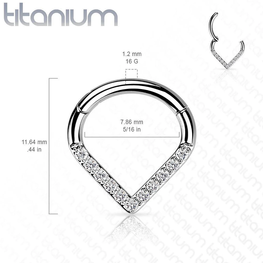 Implant Grade Titanium Rose Gold PVD V Shaped Septum Ring Clicker Hoop White CZ Gems