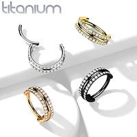 Implant Grade Titanium Rose Gold PVD White CZ Double Line Plain Center Hinged Clicker Hoop