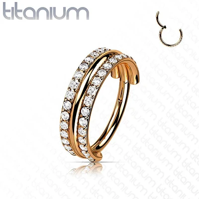 Implant Grade Titanium Rose Gold PVD White CZ Double Line Plain Center Hinged Clicker Hoop