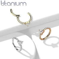 Implant Grade Titanium Rose Gold PVD White CZ With Heart Shaped Center Hinged Clicker Hoop