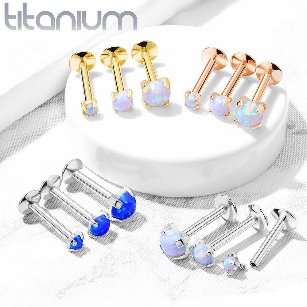 Implant Grade Titanium Rose Gold PVD White Opal Flat Back Internally Threaded Labret Ring