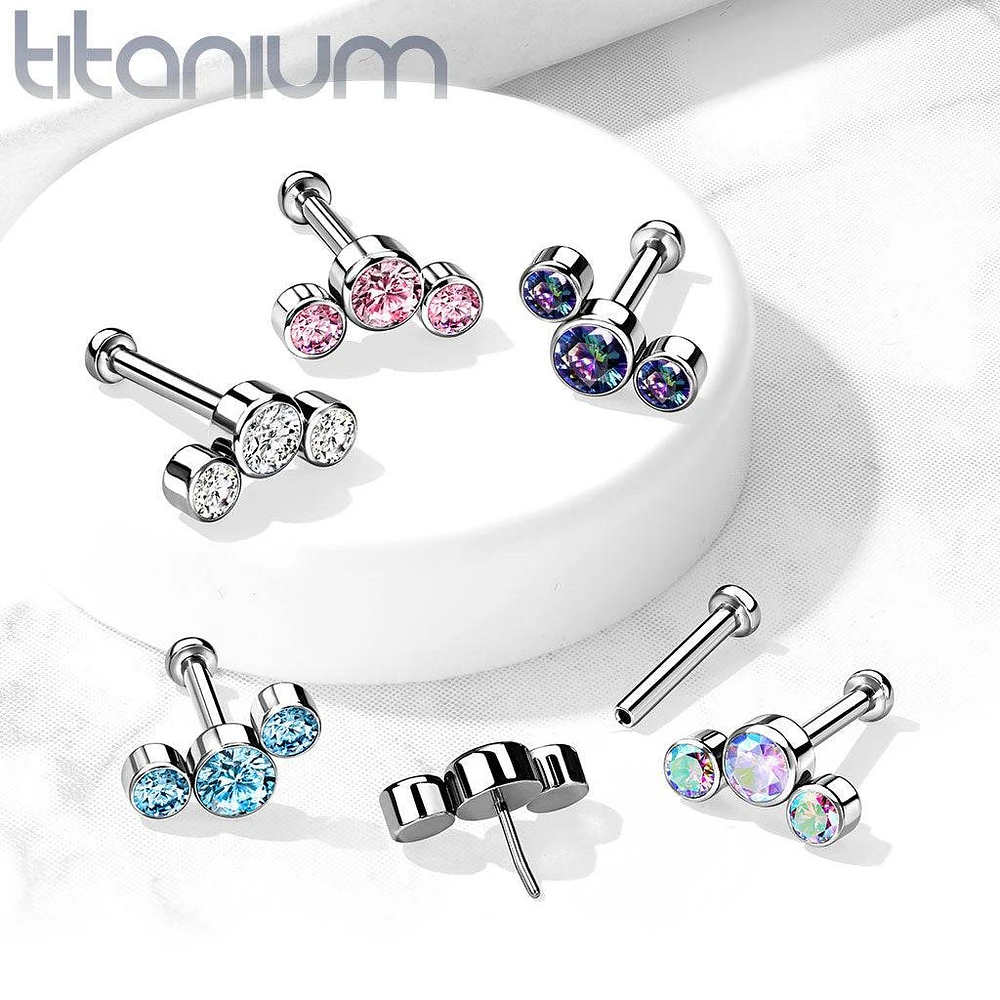 Implant Grade Titanium Threadless Push In Cartilage 3 Gem Curved Aurora Borealis CZ Gems With Flat Back