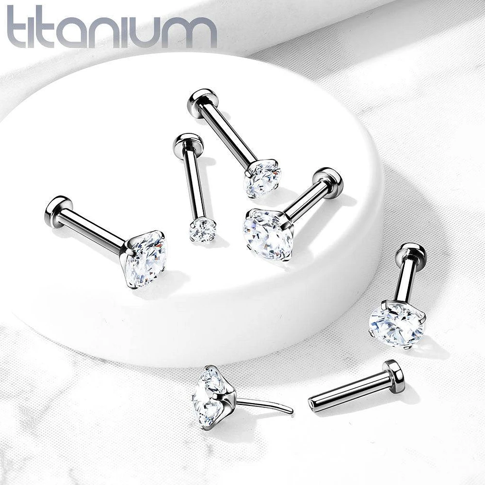 Implant Grade Titanium Threadless Push In Flat Back White Prong CZ Nose Ring Stud