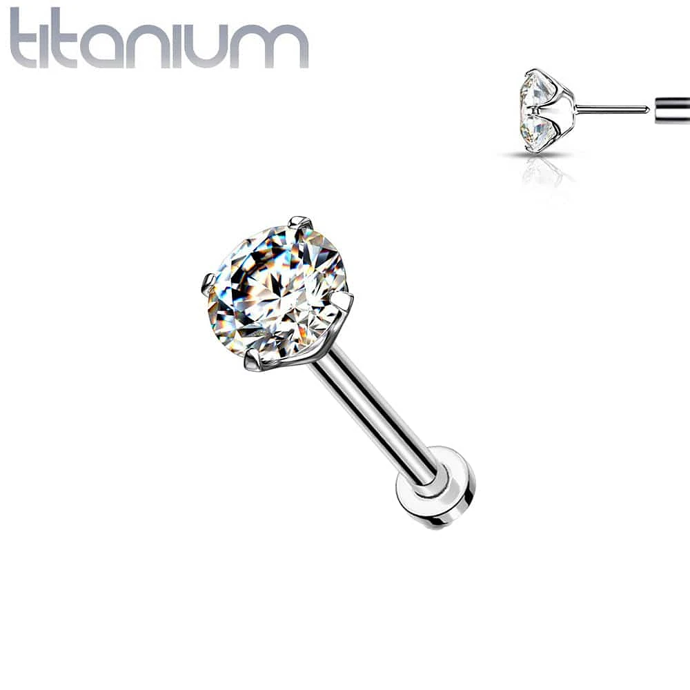 Implant Grade Titanium Threadless Push In Flat Back White Prong CZ Nose Ring Stud