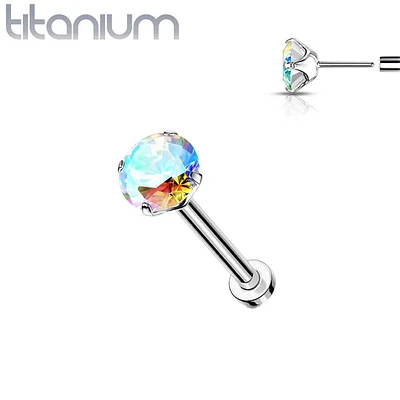 Implant Grade Titanium Threadless Push In Labret Flat Back Aurora Borealis CZ Stud