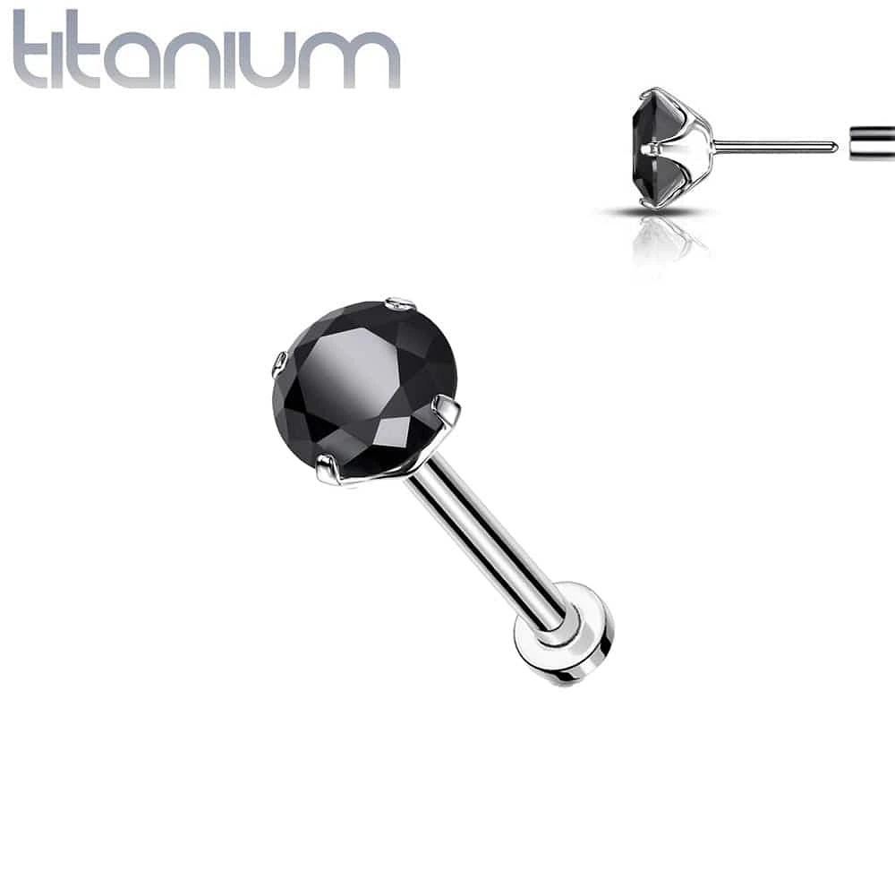 Implant Grade Titanium Threadless Push In Labret Flat Back CZ Stud