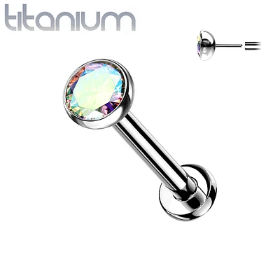 Implant Grade Titanium Threadless Push In Nose Ring Bezel Aurora Borealis CZ With Flat Back