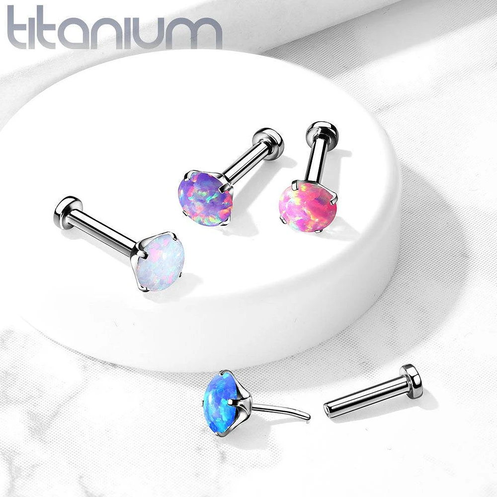 Implant Grade Titanium Threadless Push In Nose Ring Clawed Pink Opal Stone With Flat Back