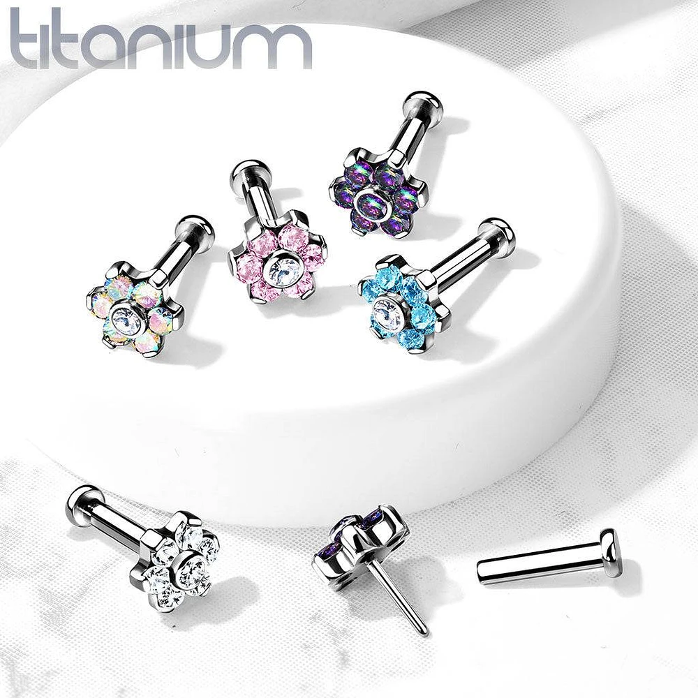 Implant Grade Titanium Threadless Push In Nose Ring Vitrail Medium CZ Flower With Flat Back