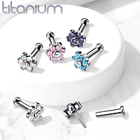 Implant Grade Titanium Threadless Push In Nose Ring Vitrail Medium CZ Flower With Flat Back