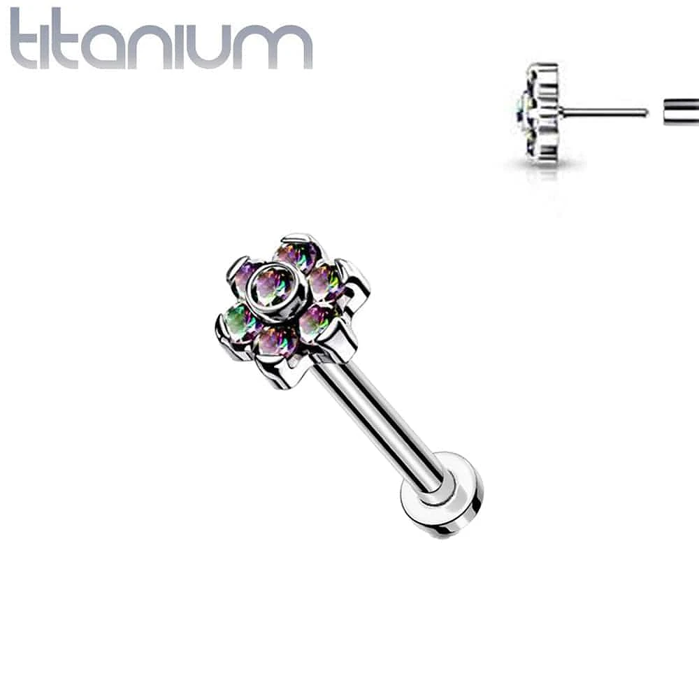 Implant Grade Titanium Threadless Push In Nose Ring Vitrail Medium CZ Flower With Flat Back