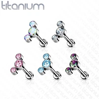 Implant Grade Titanium Threadless Push In Tragus/Cartilage 3 Gem Curved White CZ Gems With Flat Back