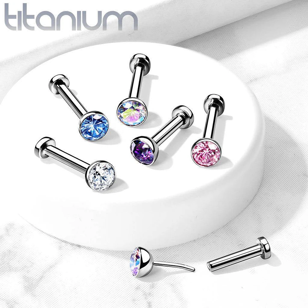 Implant Grade Titanium Threadless Push In Tragus/Cartilage Aqua CZ With Flat Back