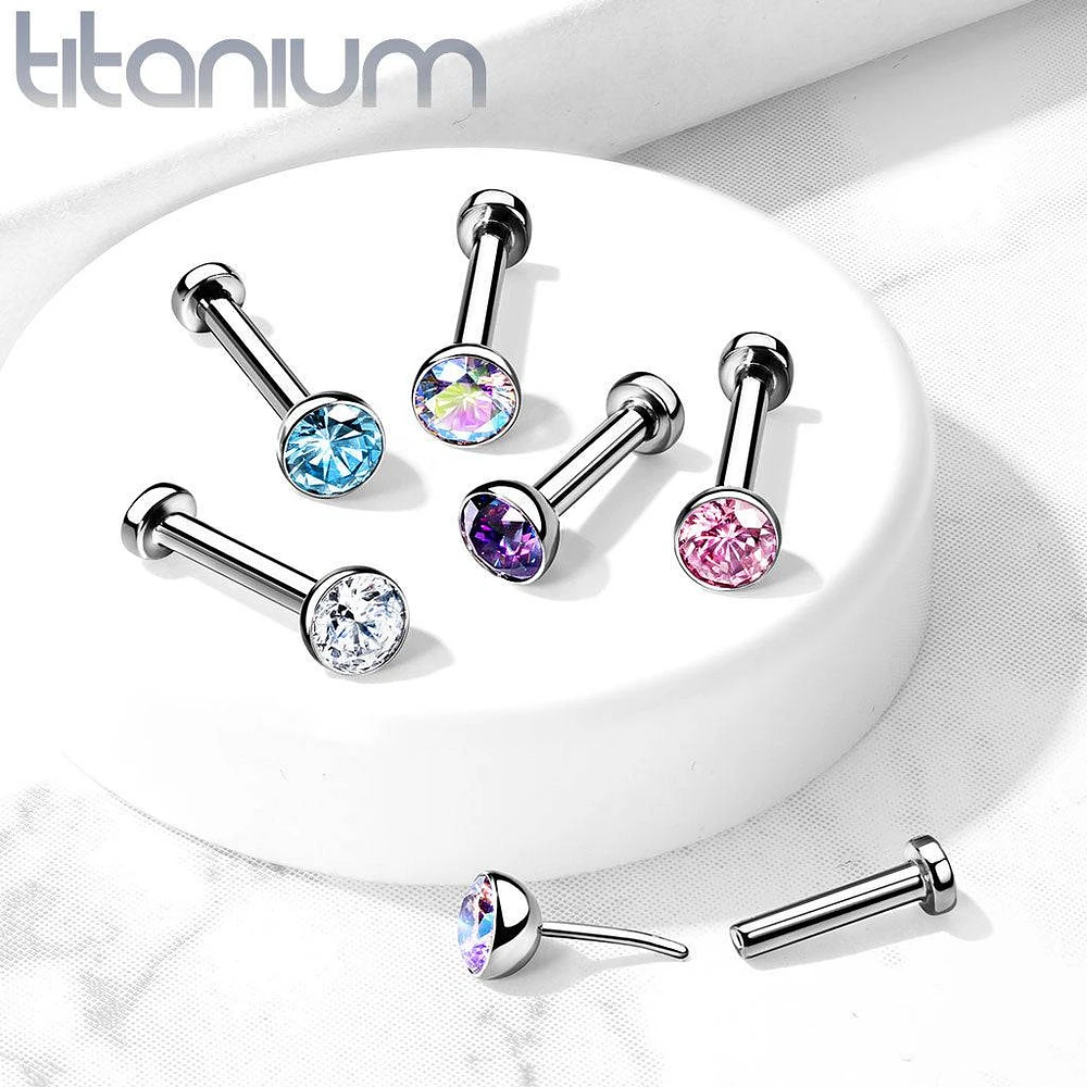 Implant Grade Titanium Threadless Push In Tragus/Cartilage Bezel Vitrail Medium CZ With Flat Back