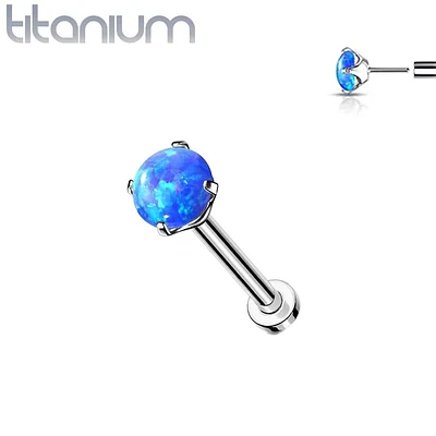 Implant Grade Titanium Threadless Push In Tragus/Cartilage Clawed Blue Opal Stone With Flat Back