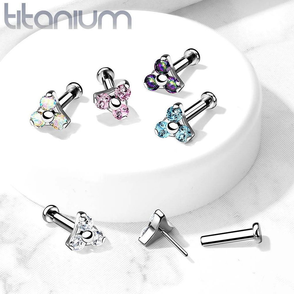 Implant Grade Titanium Threadless Push In Tragus/Cartilage CZ Trillium With Flat Back