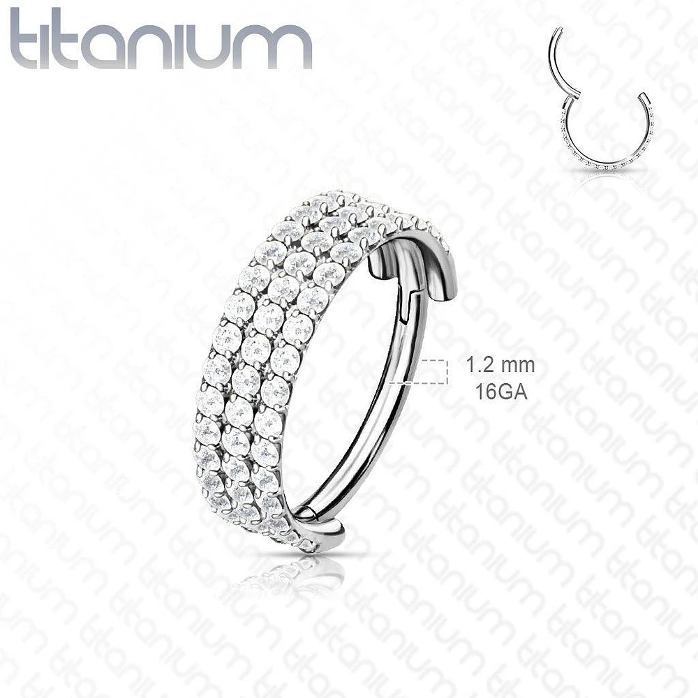 Implant Grade Titanium Triple Row White CZ Pave Hinged Clicker Hoop