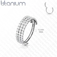 Implant Grade Titanium Triple Row White CZ Pave Hinged Clicker Hoop