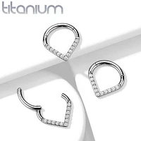 Implant Grade Titanium V Shaped Septum Ring Clicker Hoop White CZ Gems
