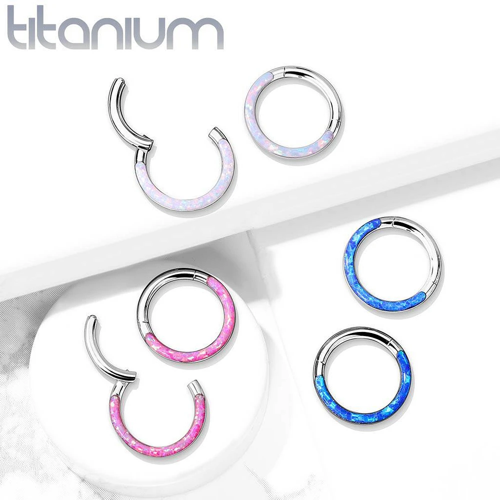 Implant Grade Titanium Opal Inlay Septum Daith Clicker Hinged Hoop Ring