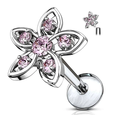 Internally Threaded Surgical Steel Pink CZ Flower Labret