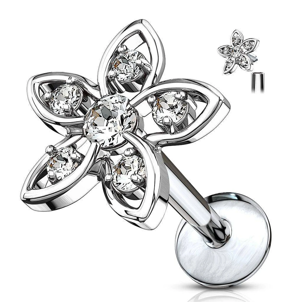 Internally Threaded Surgical Steel White CZ Flower Labret