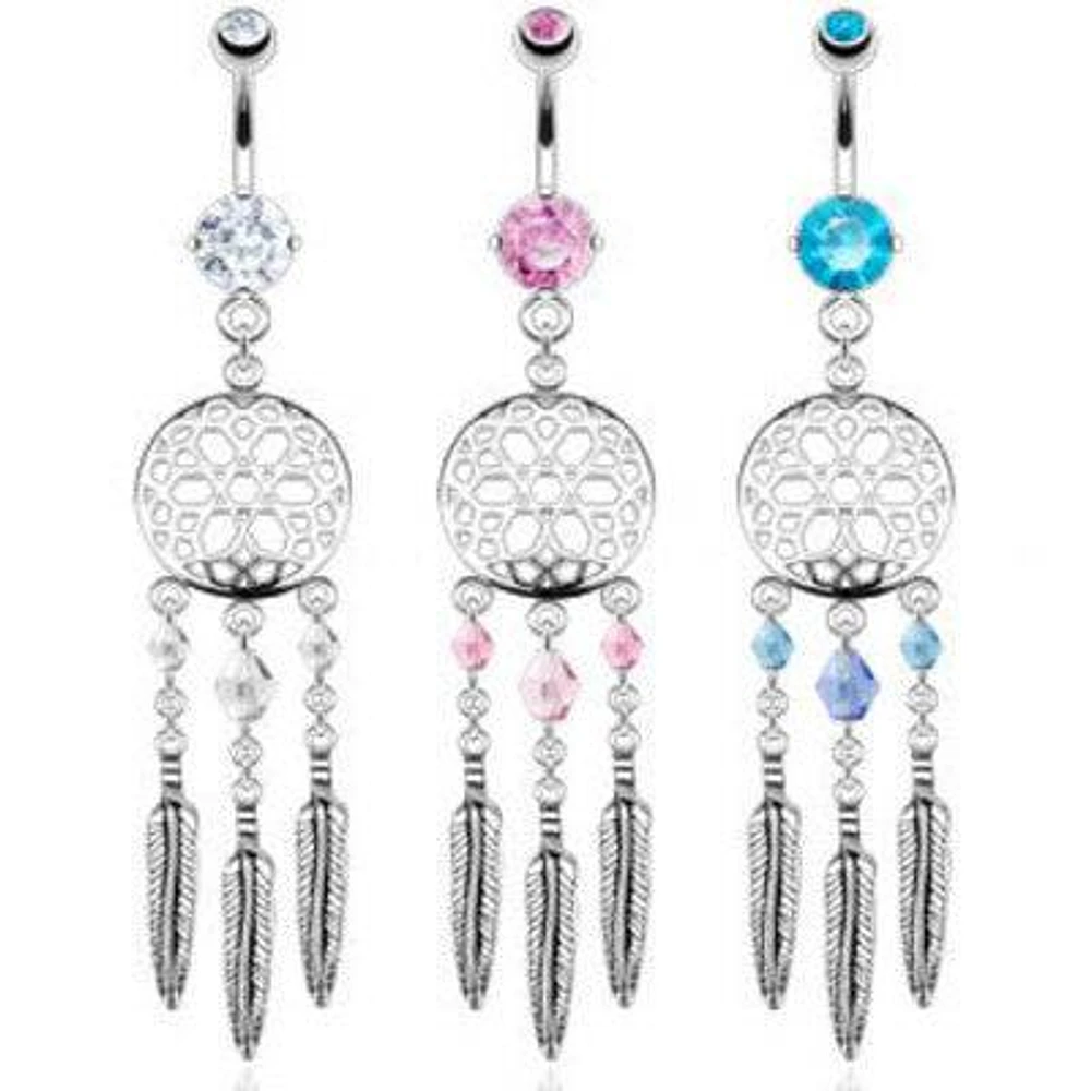 Long Beaded Dream Catcher Belly Button Surgical Steel Navel Ring