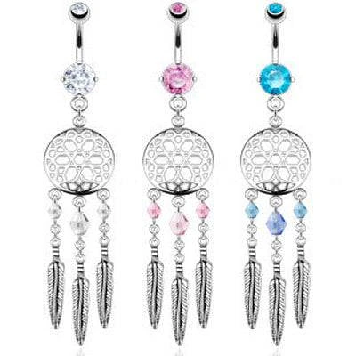 Long Beaded Dream Catcher Belly Button Surgical Steel Navel Ring