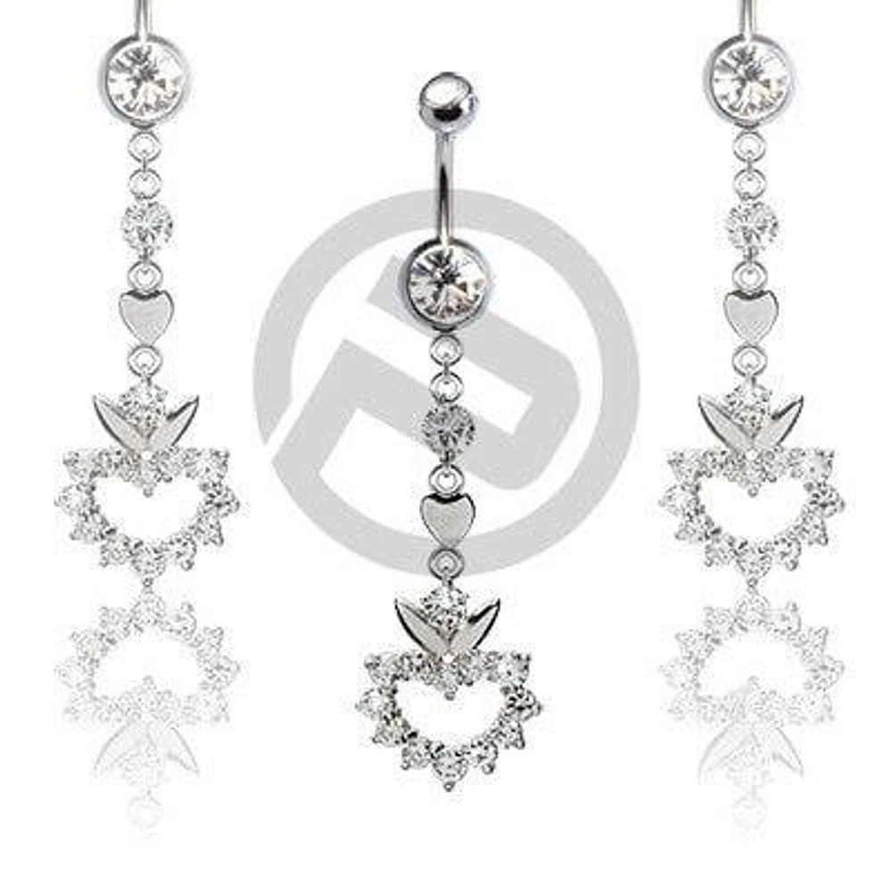 Long Heart Clear CZ Gem Drop Dangle Belly Button Navel Ring