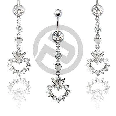 Long Heart Clear CZ Gem Drop Dangle Belly Button Navel Ring