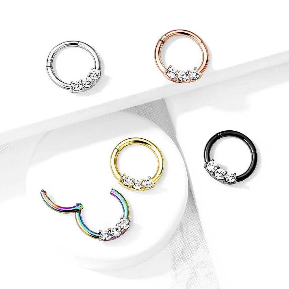 Multi Colour Surgical Steel 3 Gem White CZ Hinged Septum Ring Clicker