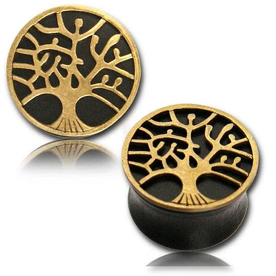 Organic Double Flared Black Areng with Brass Tree of Life Plugs Gauges